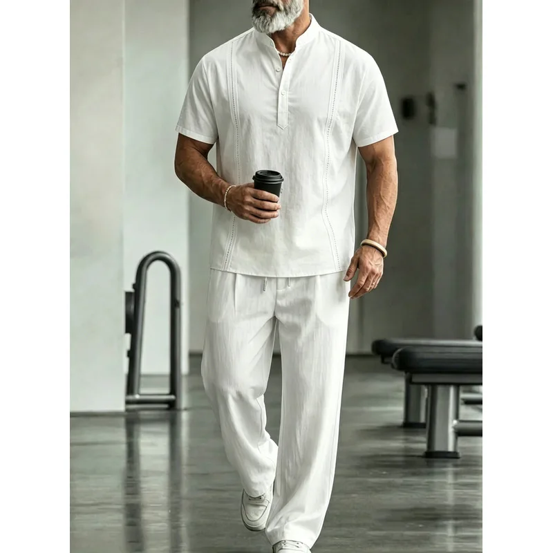 Mens Linen Shirt Long Sleeve - Heren linnen casual 2-delige set korte